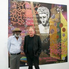 MNJ with Imants Tillers in front of their work 'The Messenger'
