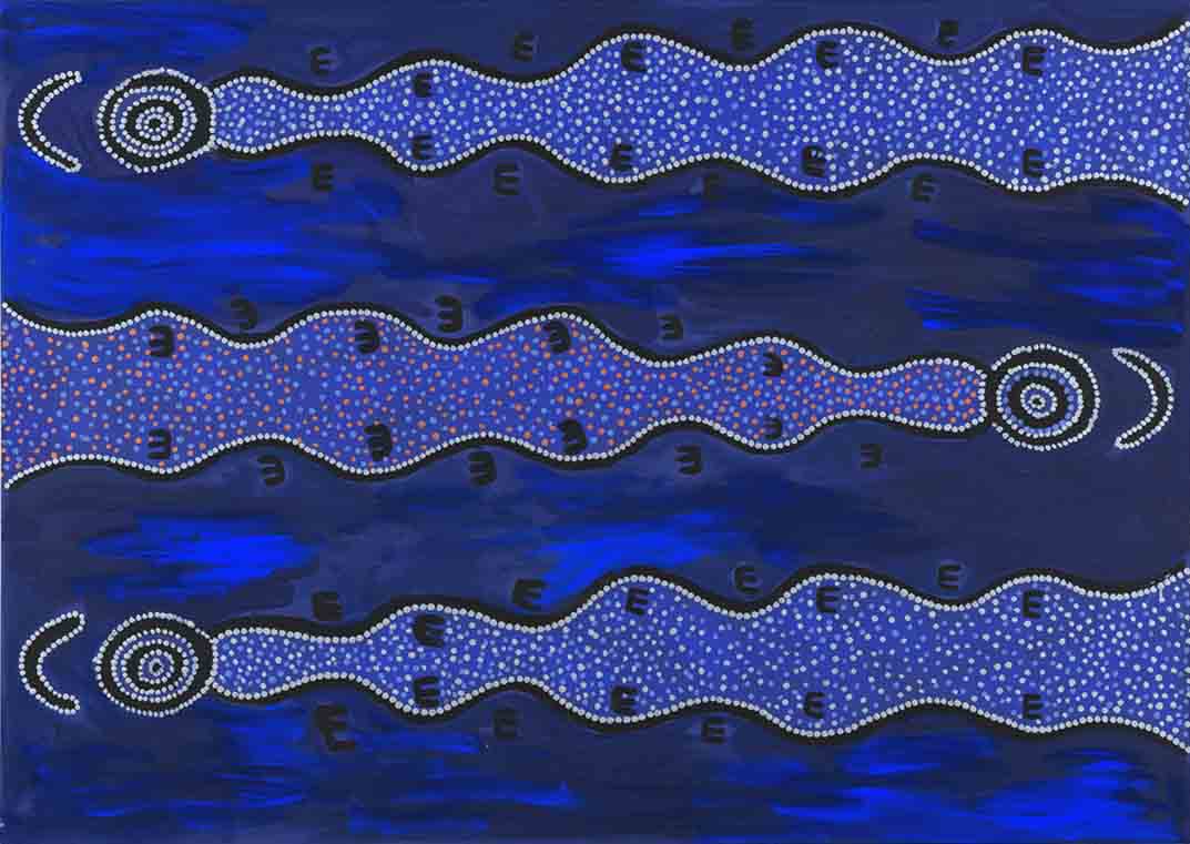 Michael Nelson Jagamara  Possum love story at night  2018 acrylic on canvas 100x140cm FW18338